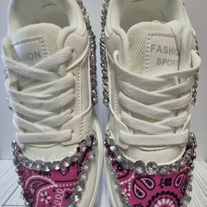 White and Pink Rhinestone Sneakers
